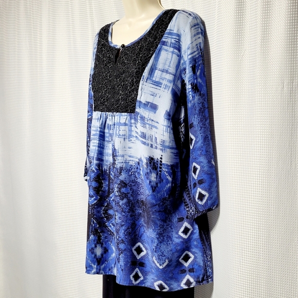 80s VTG Dress Barn Indigo Southwest Beaded Long Sleeve Pop Over Blouse (18/20) - Picture 2 of 11